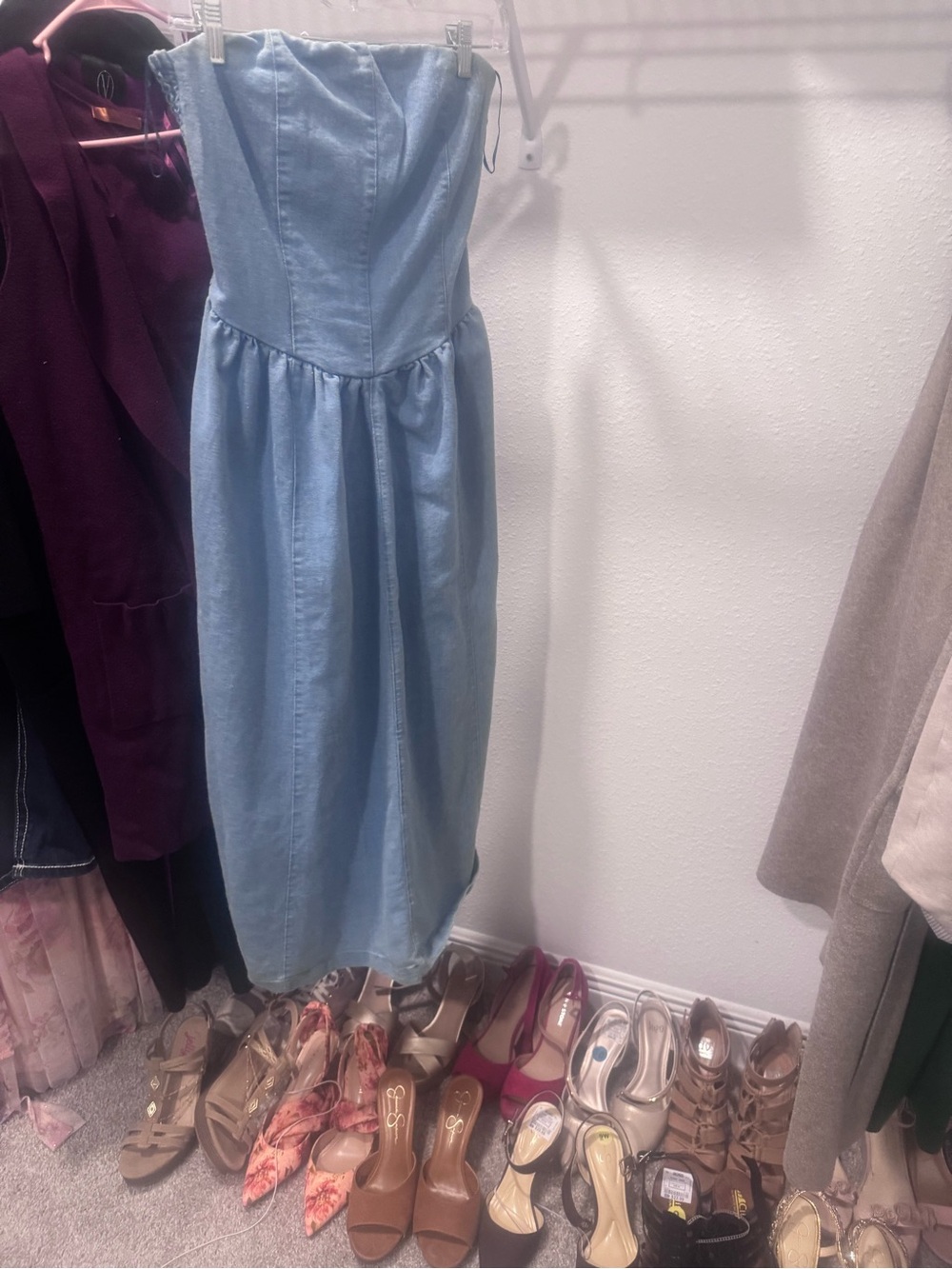 Light Blue Strapless Midi Dress - Feminine Gathered Waist